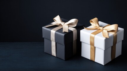 Obraz premium Two white and black gift boxes wrapped with shiny gold ribbons on a white background.