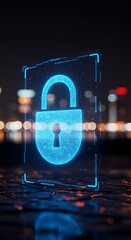 Secure Network Interface Concept with Lock Icon and Blurred Skyscrapers