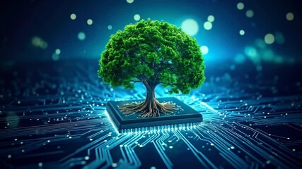 Green Tree Growing On Computer Chip In Dark Blue Circuit Board