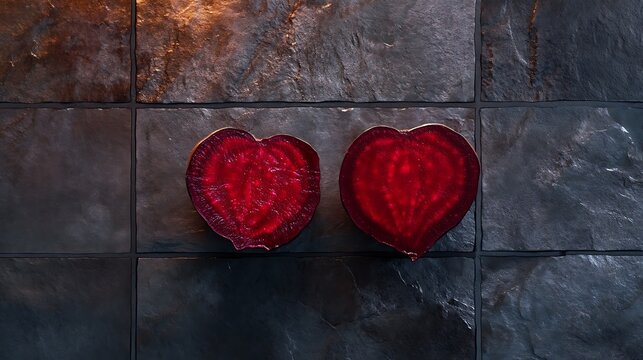 Two Halved Beets on Dark Slate Background