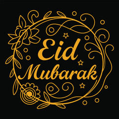 Eid Mubarak greeting design with golden ornaments and swirls