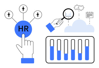 Hand selecting HR network, magnifying glass with data, cloud-linked puzzle, calendar, and bar chart. Ideal for HR solutions, teamwork, data analysis, cloud systems planning recruitment simple