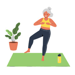 Senior woman exercising on yoga mat at home with plants  