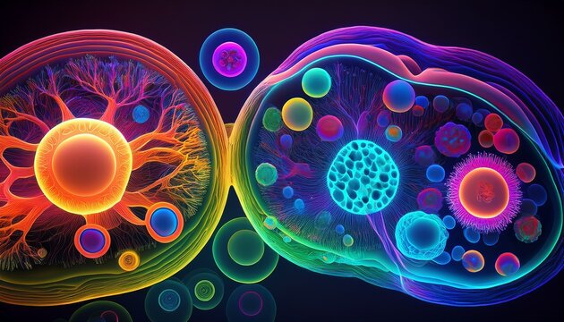Fluoreszierende Zellkerne in buntem Mikroskopbild