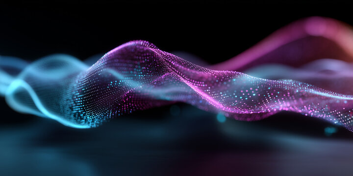  Abstract data ribbon streaming through air with numeric overlays and glow.
