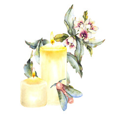 Watercolor illustration of two burning candles, henbane flowers, and a green moth. Poisonous plant, mystical atmosphere, used in rituals, esoteric art, and magical symbolism.
