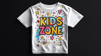 White t-shirt with a colorful design featuring the phrase "kids zone".