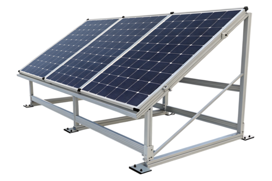 Solar panel array structure on isolated black background depicting renewable energy and clean power