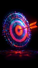 A vibrant, glowing arrow pierces a concentric, multicolored target, radiating light and energy against a black backdrop