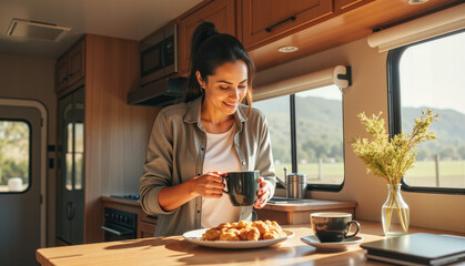 Smiling woman enjoying coffee and cookies in a cozy camper van kitchen with nature views, casual dining concept of RV travel or family road trip