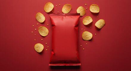 Red Potato Chips Packaging Mockup on Red Background, snack packaging mockup, chips bag template
