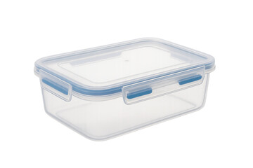 Rectangular clear plastic food container, blue snap-lock lid, transparent background highlighting storage solution