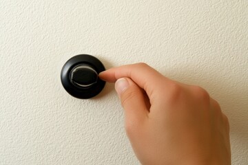 A hand adjusts a black rotary control knob on a textured, light beige wall