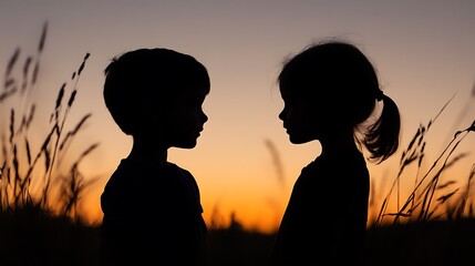 Silhouette of a boy and girl facing each other at sunset.