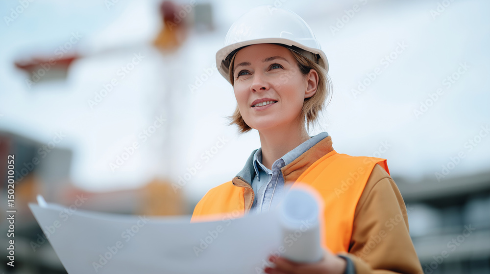 Aufkleber architect on construction site inspects project progress with blueprints