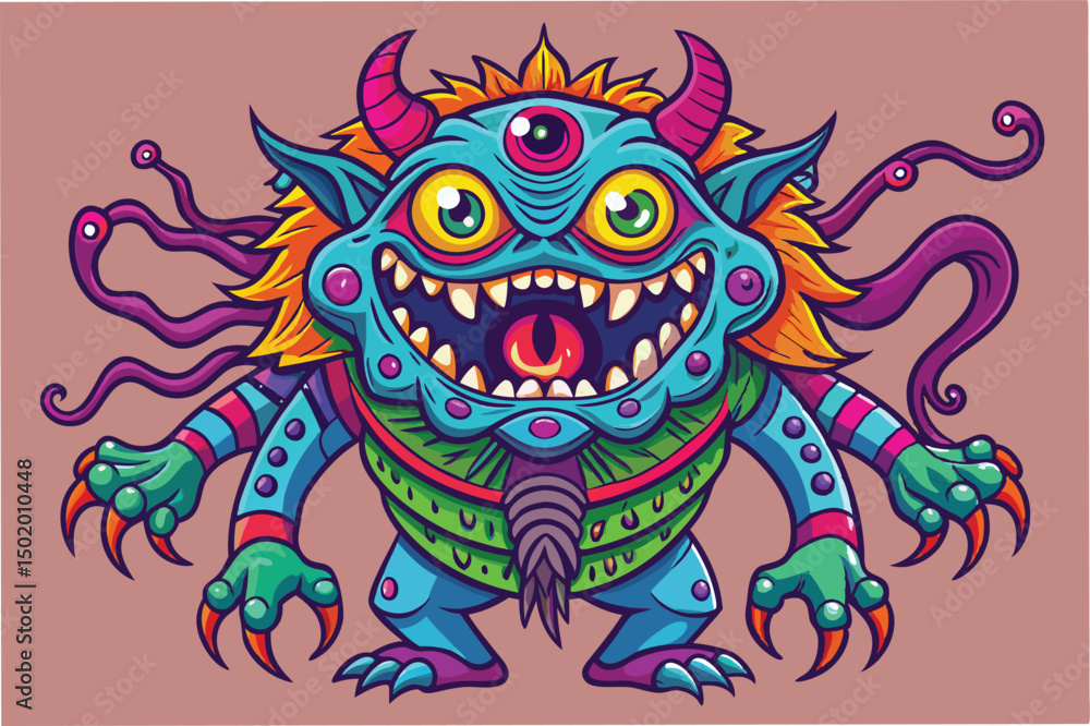 Poster vibrant fantasy monster design with colorful features and dynamic elements showcasing a unique chara