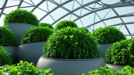Lush green plants cultivated in modern, round planters within a glass conservatory.