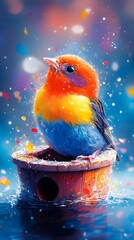 A vibrant, colorful bird, predominantly orange, yellow, and blue, sits serenely in a small, rustic, painted wooden bowl afloat on shimmering water, amidst a whimsical, confetti-like sparkle
