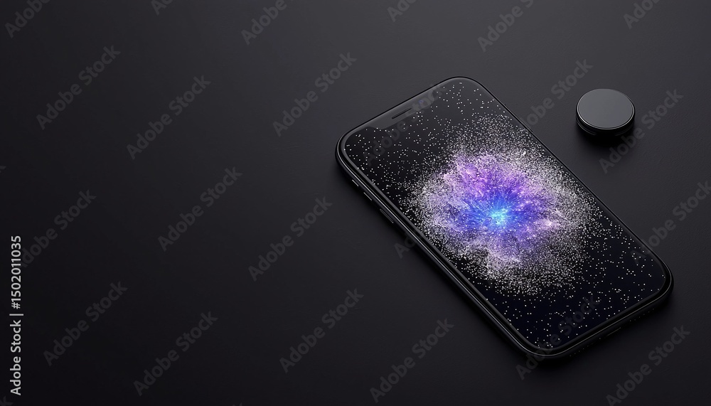 Poster smartphone displaying abstract particle app interface on dark background