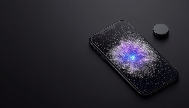 Smartphone Displaying Abstract Particle App Interface on Dark Background