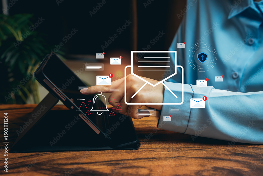 Poster close-up of a person using a tablet to manage email notifications and alerts in a modern workspace, 