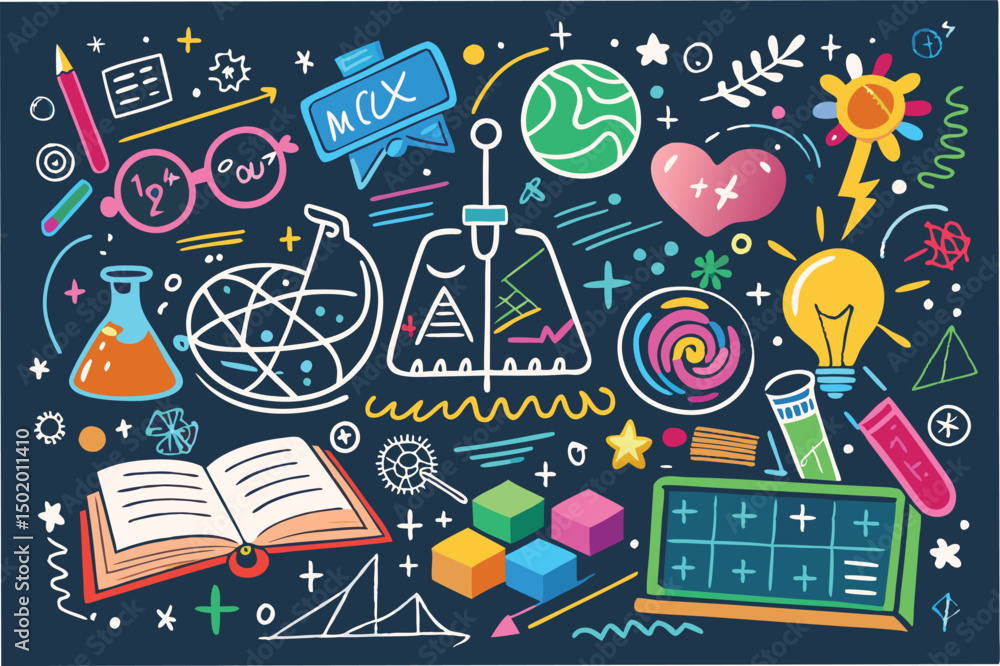 Poster creative vector illustration of science elements featuring formulas, laboratory equipment, and symbo