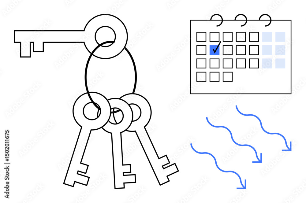 Poster key chain with four keys, calendar square marked with a blue check, and downward flow arrows. ideal 