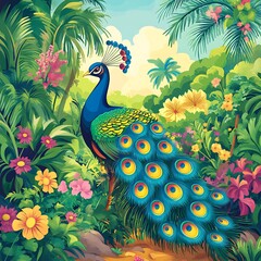 Vibrant peacock amidst a lush tropical garden.