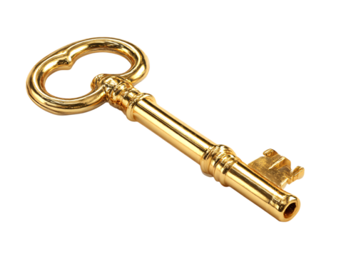 Classic retro gold key 3d rendering on png