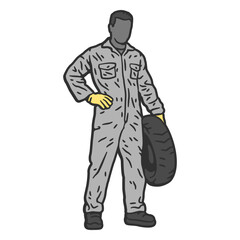 Man in overalls holding a tire