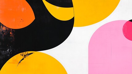 Abstract design with overlapping shapes of various colors.