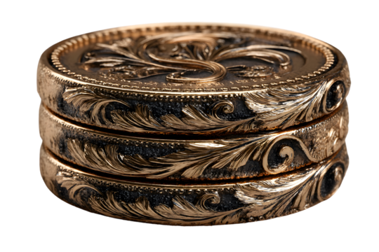 Stacked ornate gold coins luxury detail closeup
