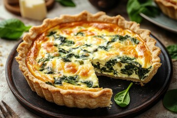 Spinach quiche with rich golden crust