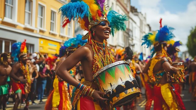 Colorful parade participants celebrating a cultural festival.