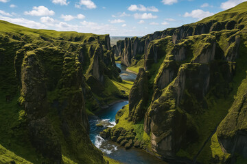 Majestic aerial view of Fjaðrárgljúfur canyon with winding river and mossy cliffs, generative AI