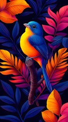 Obraz premium Vibrant blue and orange bird perched on a dark branch amidst stylized, colorful tropical foliage against a black background