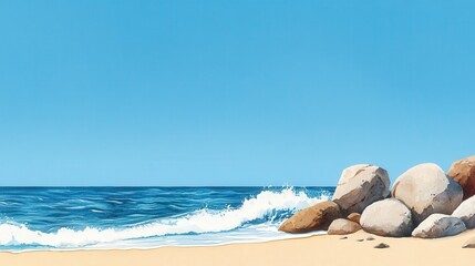 Serene coastal scene with gentle waves lapping against smooth, sun-kissed rocks on a sandy beach under a clear blue sky.