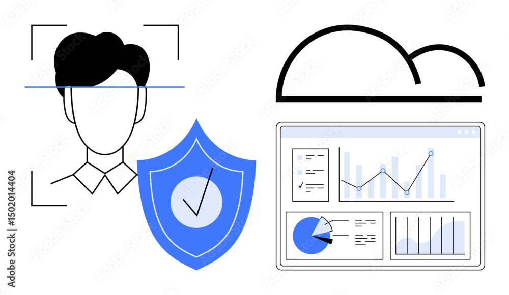 Aufkleber facial recognition with security shield, cloud storage, and data analytics dashboard. ideal for cybe