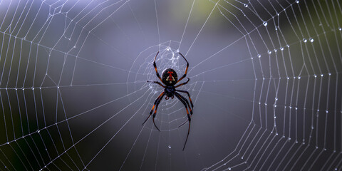 Mystical Digital Art Background with Intricate Spider Webs, Dew Droplets, and Ethereal Fog Effects