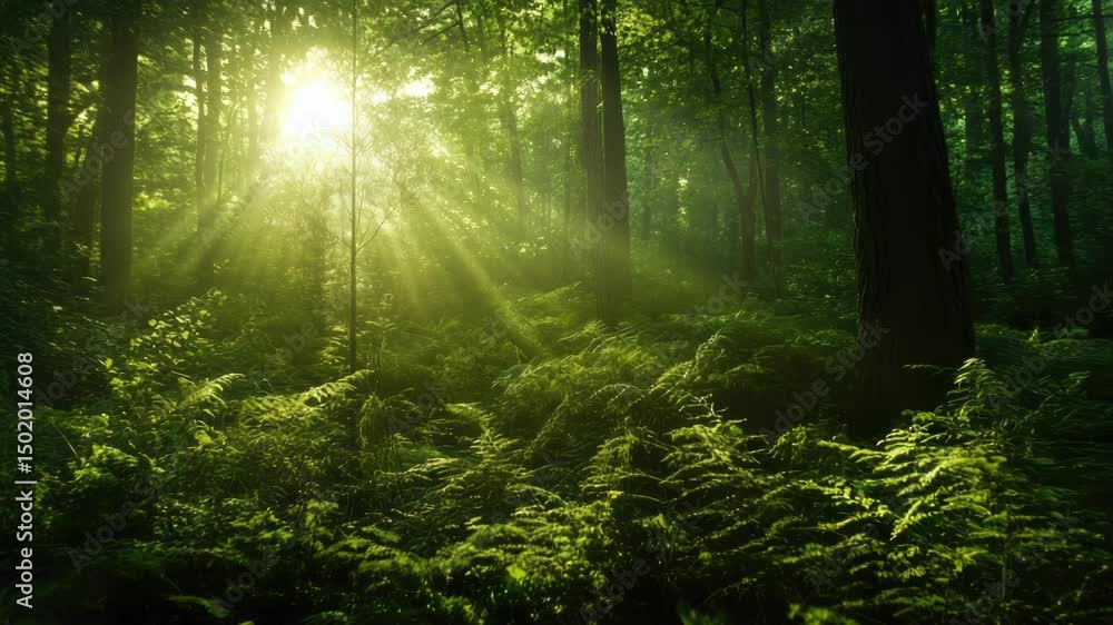 Poster a serene scene of sunlight peeking through the treetops in a dense forest, perfect for nature-inspir