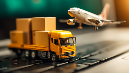 Trucks and planes, logistics backbone. A toy truck and airplane on a keyboard creatively represent the logistics and transportation sector.
