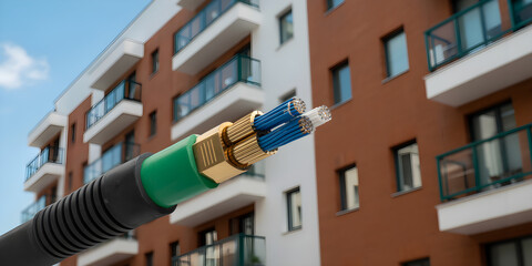Fiber-Optic Broadband Cable Infrastructure Entering a Modern Apartment Building for High-Speed Internet Connectivity