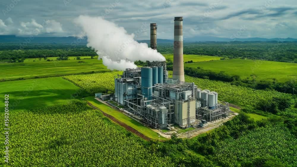 Poster a factory emitting pollutants from its stacks, suitable for environmental or industrial use