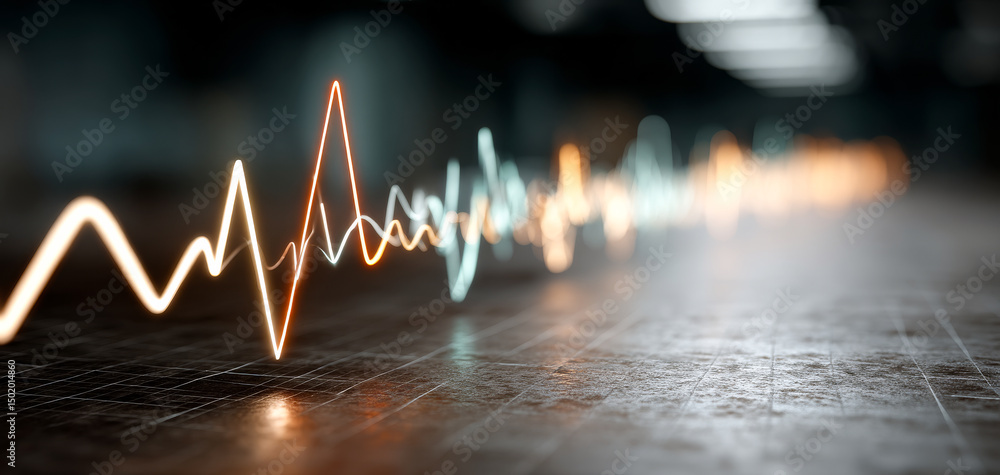 Poster sound waves in motion. sound waves are depicted with vibrant colors and sharp peaks, capturing the e