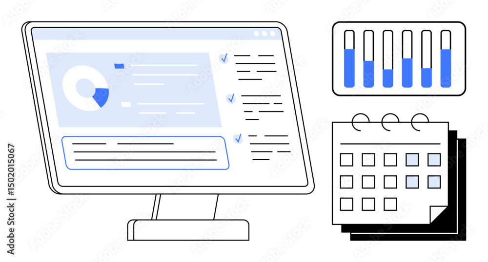Poster monitor with analytics dashboard, bar chart, and calendar elements representing planning, performanc