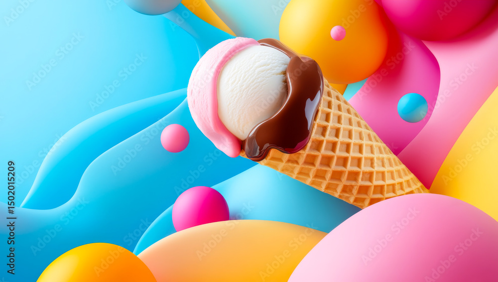 Aufkleber bright, colorful ice cream cone. a vibrant ice cream cone is set against a backdrop of colorful abst