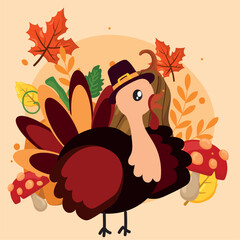 Thanksgiving turkey with leaves. Vector