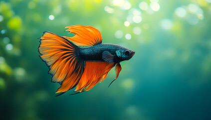 Graceful betta fish swims deep. A vibrant betta fish glides gracefully through clear water, surrounded by lush plants and shimmering light.