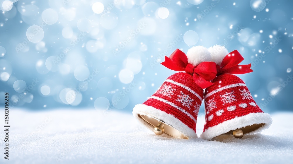 Wall mural silver bells with red bows and white snowflakes resting on a snowy surface in soft daylight.