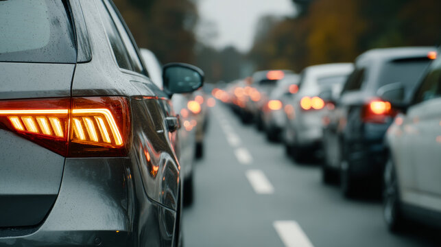 Heavy traffic on a rainy day in autumn. Vehicles are lined up on a wet road as rain falls, creating a slow-moving traffic jam in the autumn season.